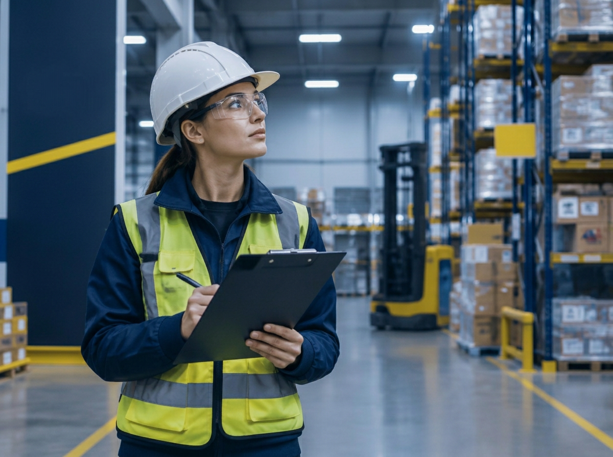 SHE consultant with clipboard inspecting a warehouse