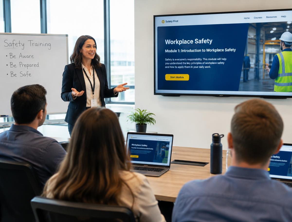 A facilitator leading a workplace safety learning session with employees